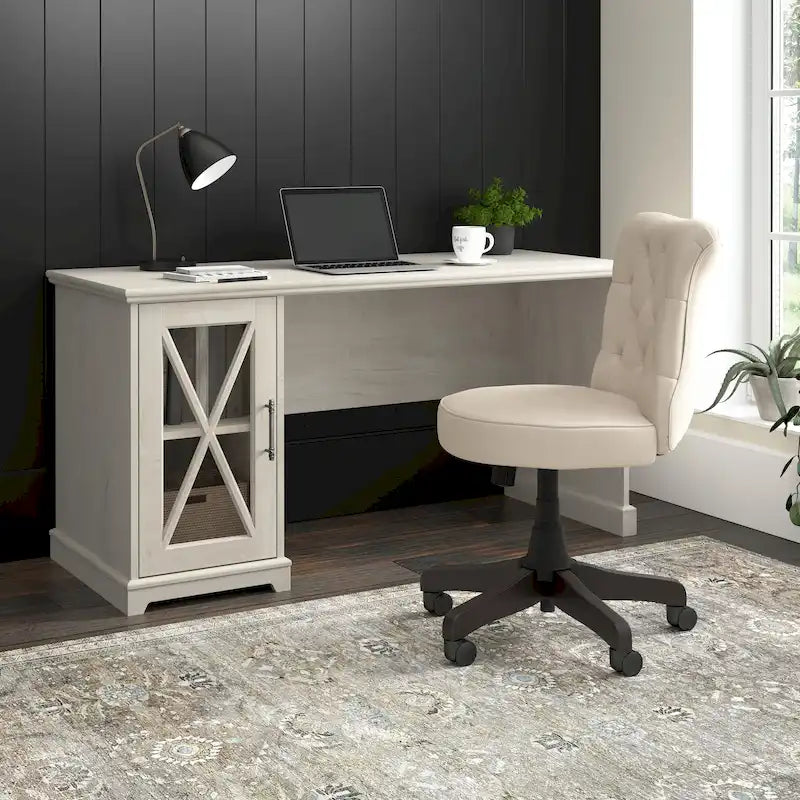 60-Inch Farmhouse Desk with Storage Cabinet and Tempered Glass Door