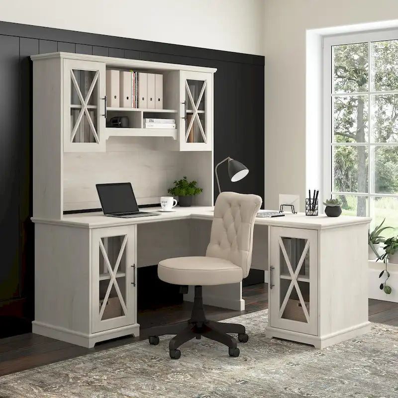 60-Inch Farmhouse Desk with Storage Cabinet and Tempered Glass Door