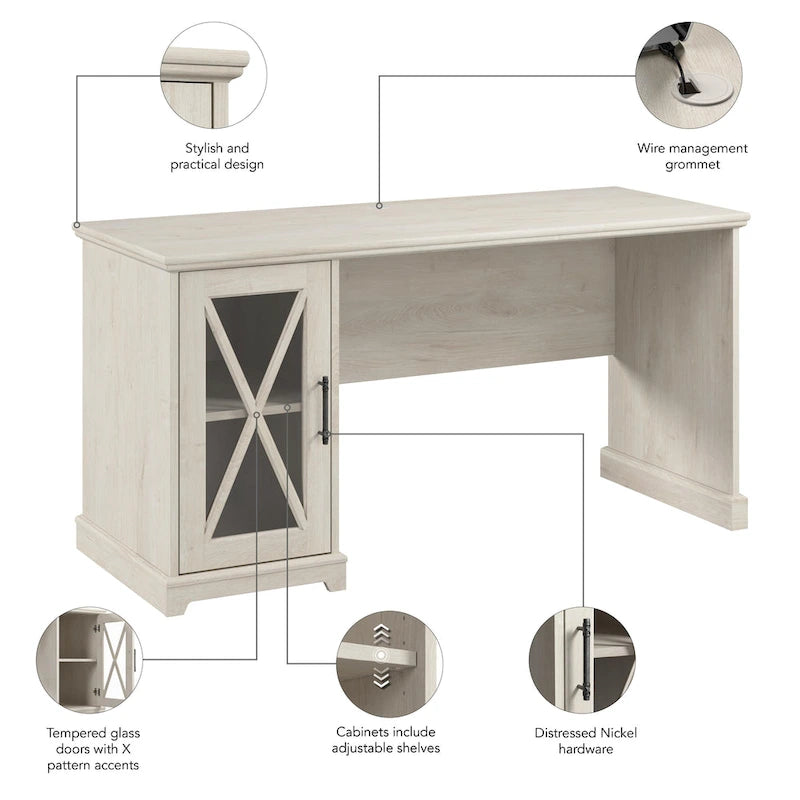 60-Inch Farmhouse Desk with Storage Cabinet and Tempered Glass Door