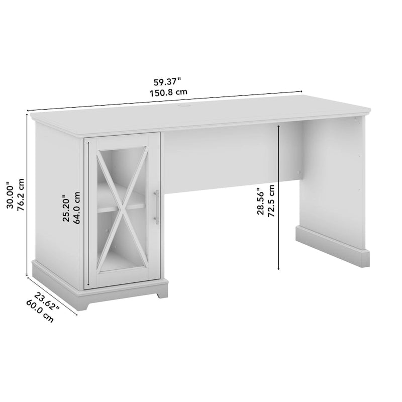 60-Inch Farmhouse Desk with Storage Cabinet and Tempered Glass Door