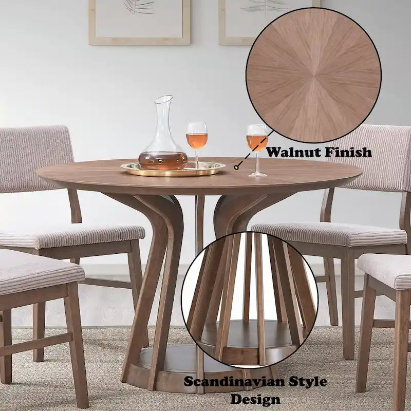 Round Dining Table with Solid Wood Base, Walnut Finish