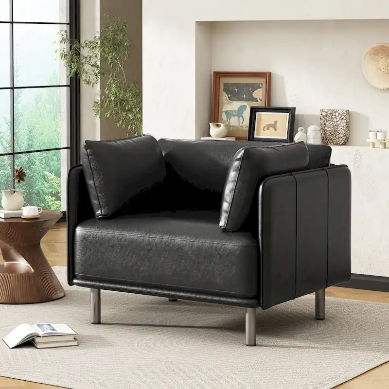 Wide Faux Leather Lounge Chair with Metal Legs