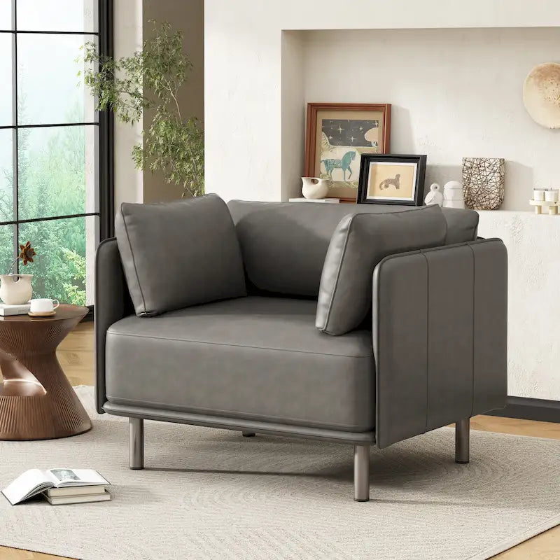 Wide Faux Leather Lounge Chair with Metal Legs