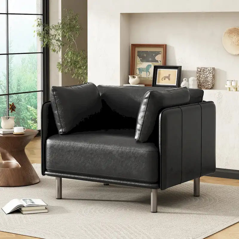 Wide Faux Leather Lounge Chair with Metal Legs