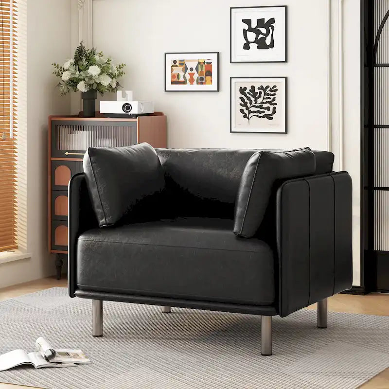 Wide Faux Leather Lounge Chair with Metal Legs