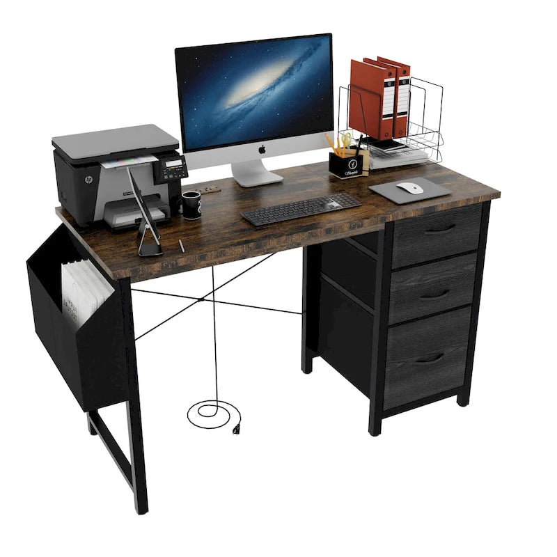 Computer Desk with Built-In Charging Station and 3 Fabric Drawers