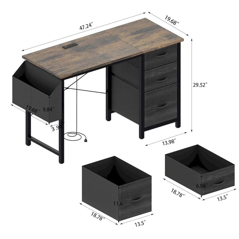 Computer Desk with Built-In Charging Station and 3 Fabric Drawers