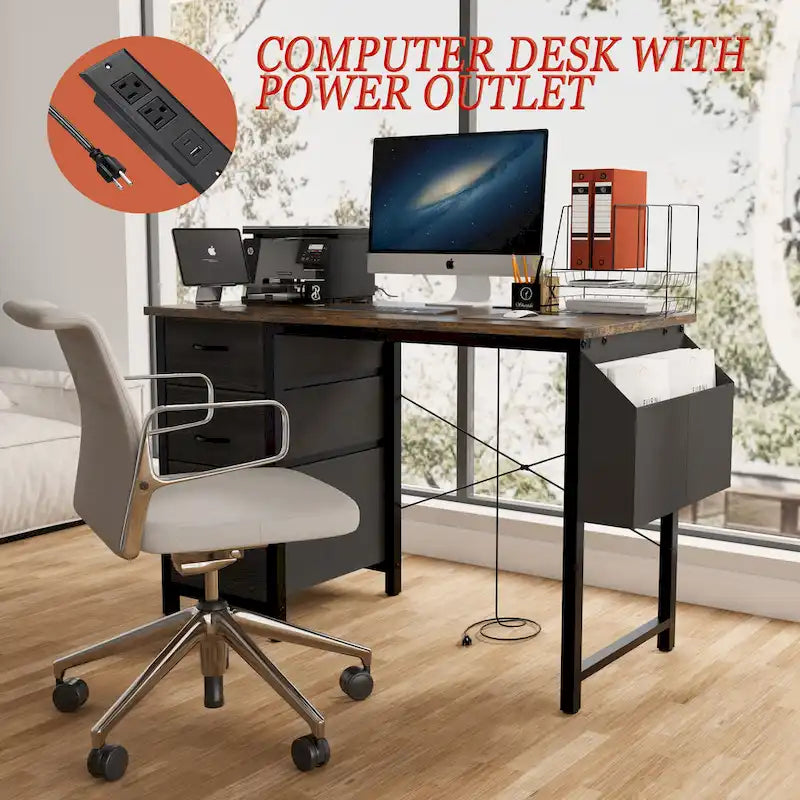 Computer Desk with Built-In Charging Station and 3 Fabric Drawers