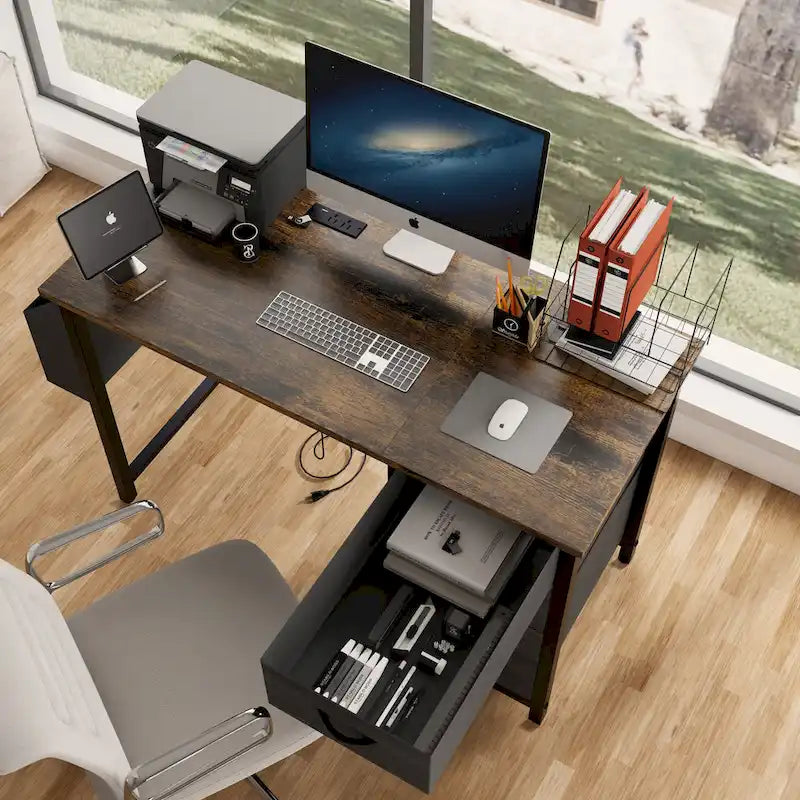 Computer Desk with Built-In Charging Station and 3 Fabric Drawers