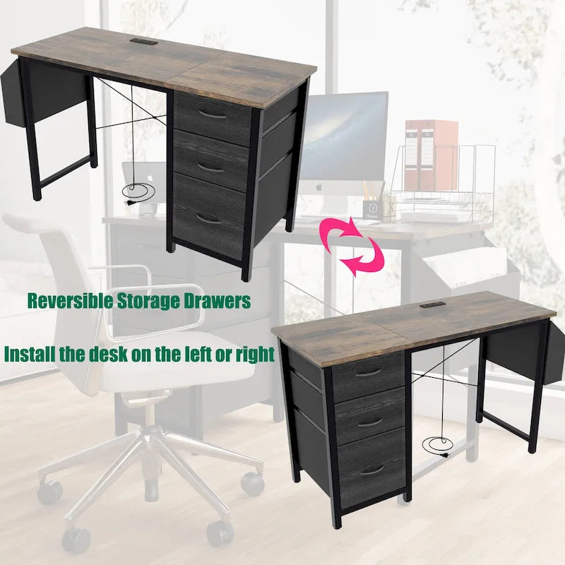 Computer Desk with Built-In Charging Station and 3 Fabric Drawers