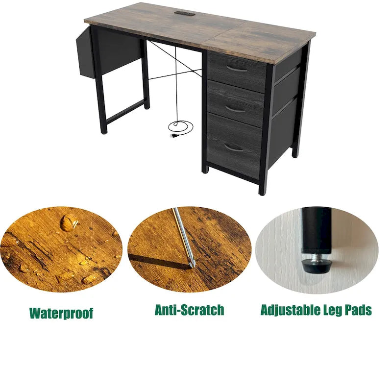 Computer Desk with Built-In Charging Station and 3 Fabric Drawers