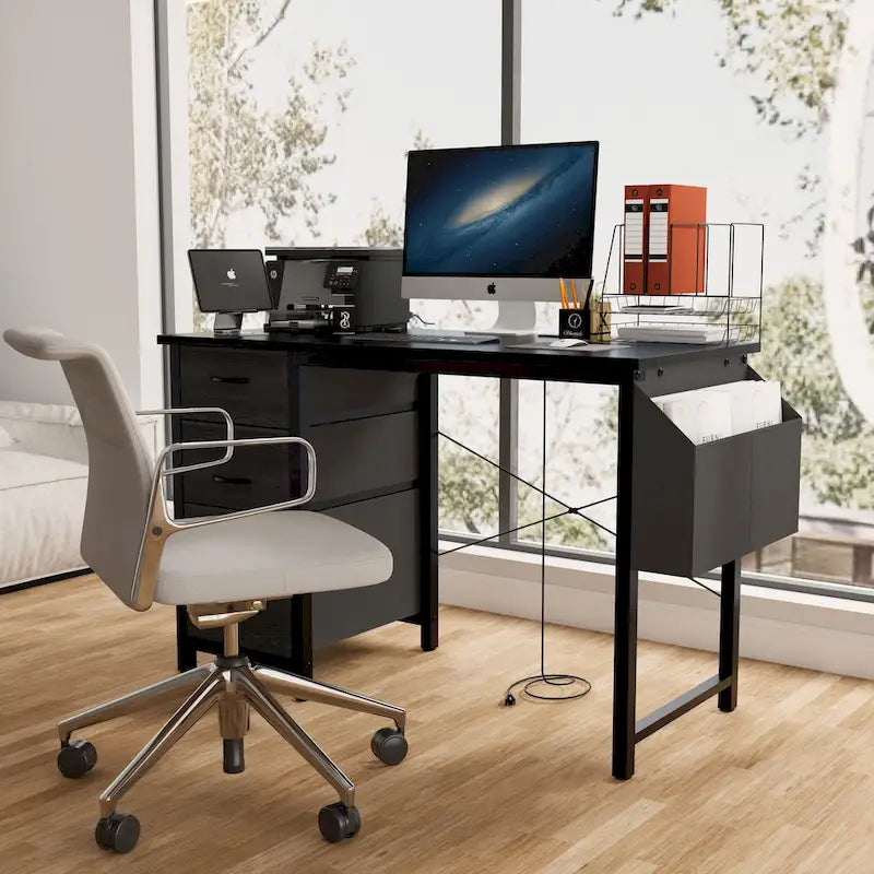 Computer Desk with Built-In Charging Station and 3 Fabric Drawers