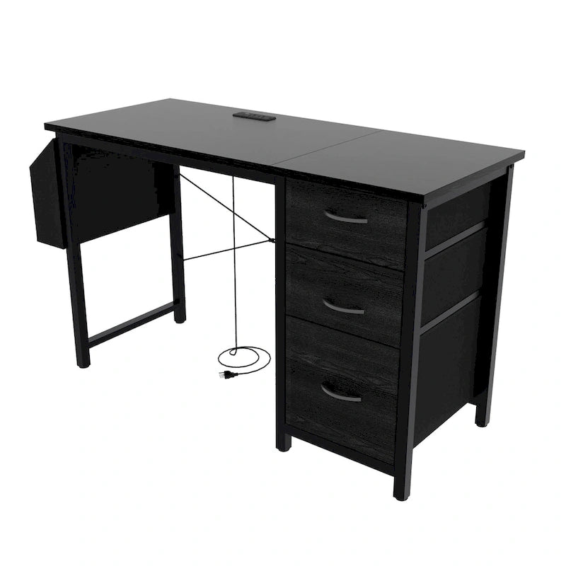 Computer Desk with Built-In Charging Station and 3 Fabric Drawers