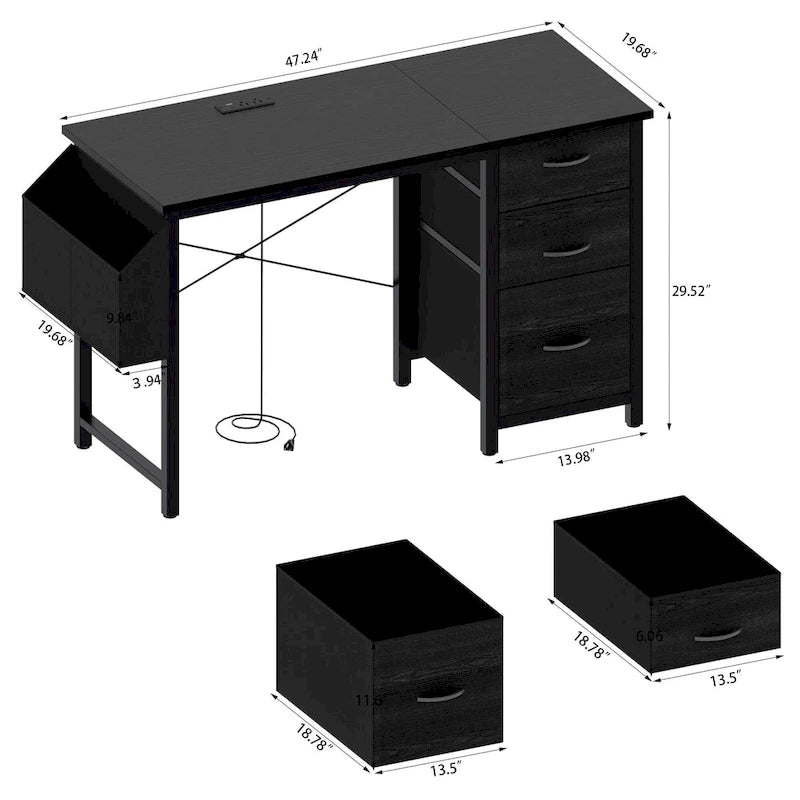 Computer Desk with Built-In Charging Station and 3 Fabric Drawers
