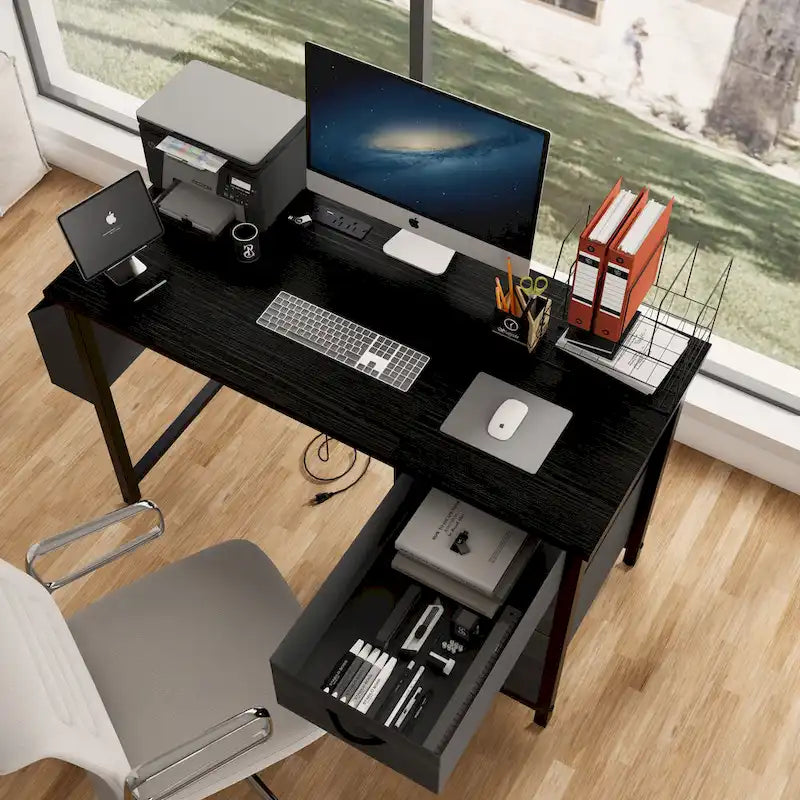 Computer Desk with Built-In Charging Station and 3 Fabric Drawers
