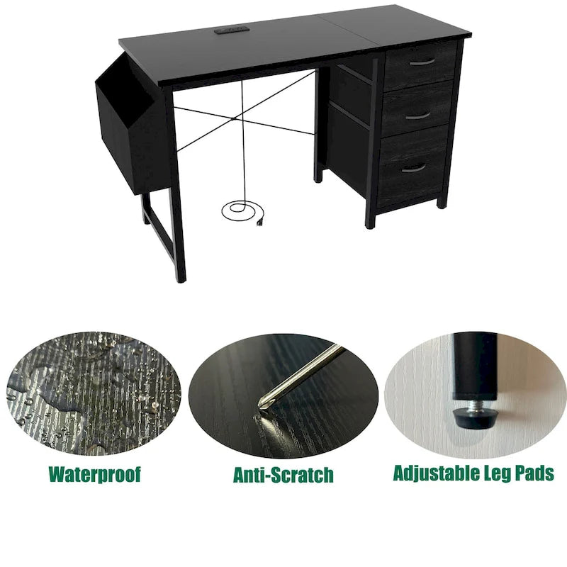Computer Desk with Built-In Charging Station and 3 Fabric Drawers