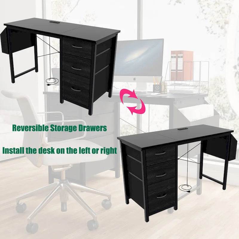 Computer Desk with Built-In Charging Station and 3 Fabric Drawers