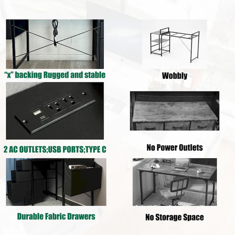 Computer Desk with Built-In Charging Station and 3 Fabric Drawers