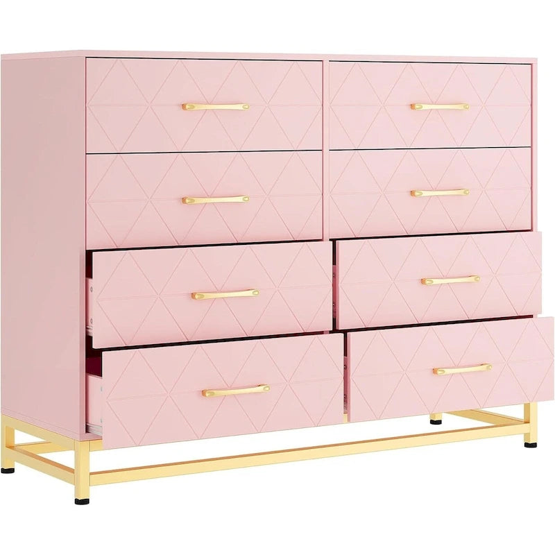 8-Drawer White Dresser with Metal Handles and Wood Top