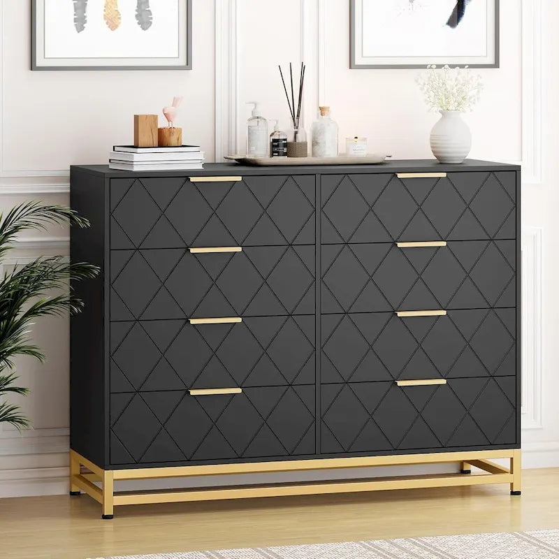 8-Drawer White Dresser with Metal Handles and Wood Top