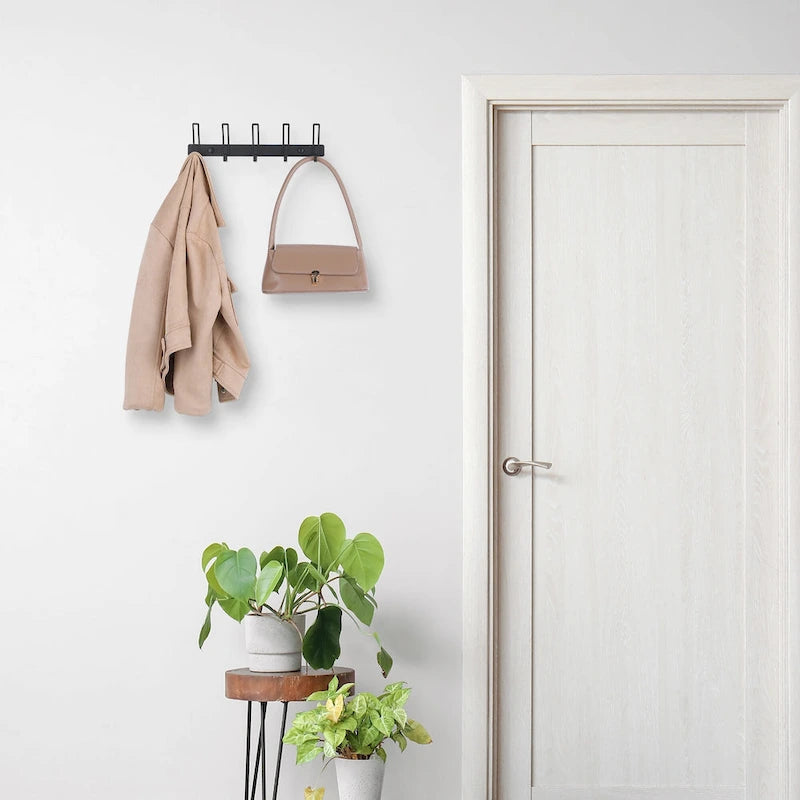 Wall-Mount Coat Rack with 5 Hooks, Aluminum Alloy, 12.6 Inches, White or Black