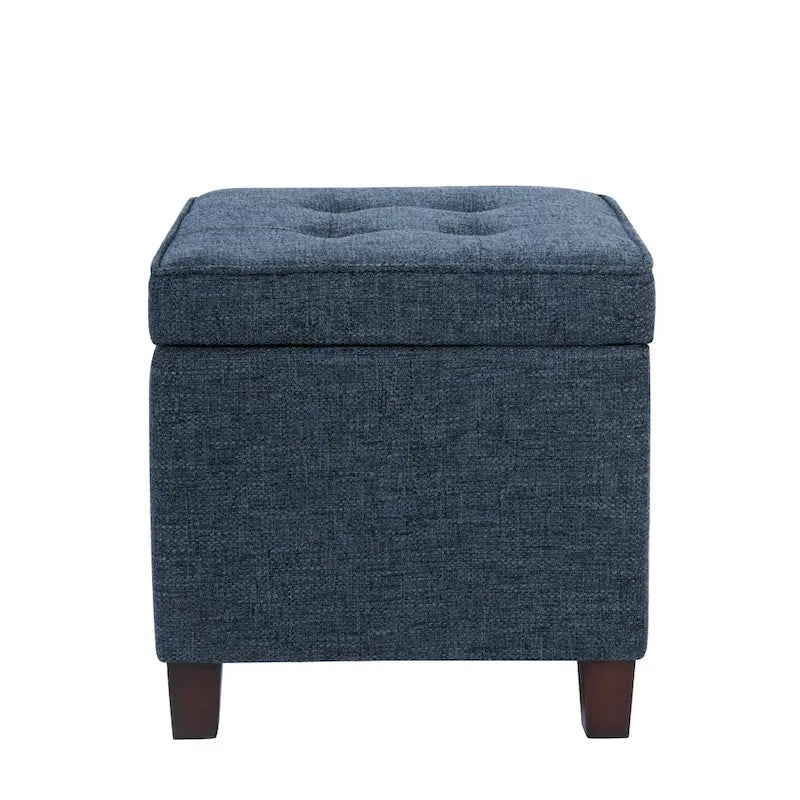 Square Storage Ottoman with Tufted Woven Fabric and Walnut Wood Legs, Navy Blue