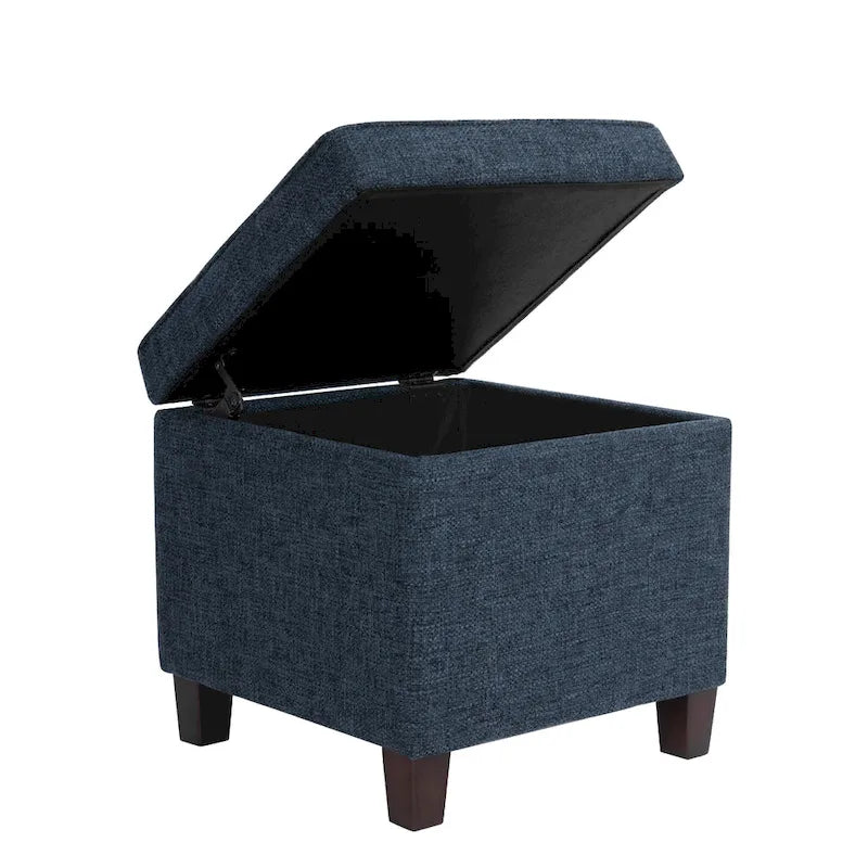Square Storage Ottoman with Tufted Woven Fabric and Walnut Wood Legs, Navy Blue