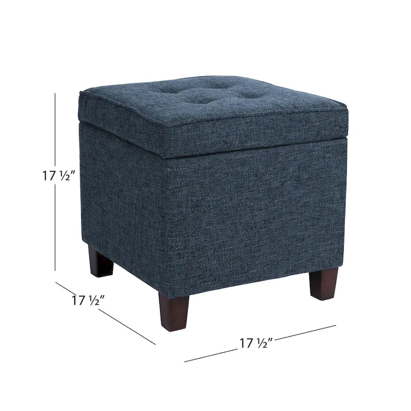 Square Storage Ottoman with Tufted Woven Fabric and Walnut Wood Legs, Navy Blue