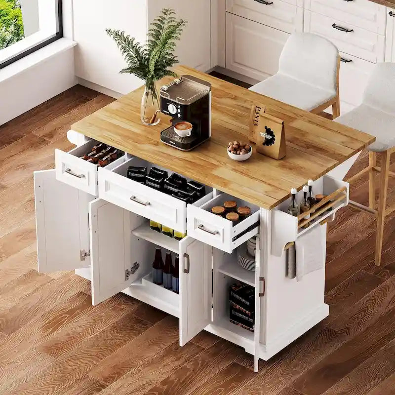 Large Rolling Kitchen Island with Drop Leaf and Storage, White