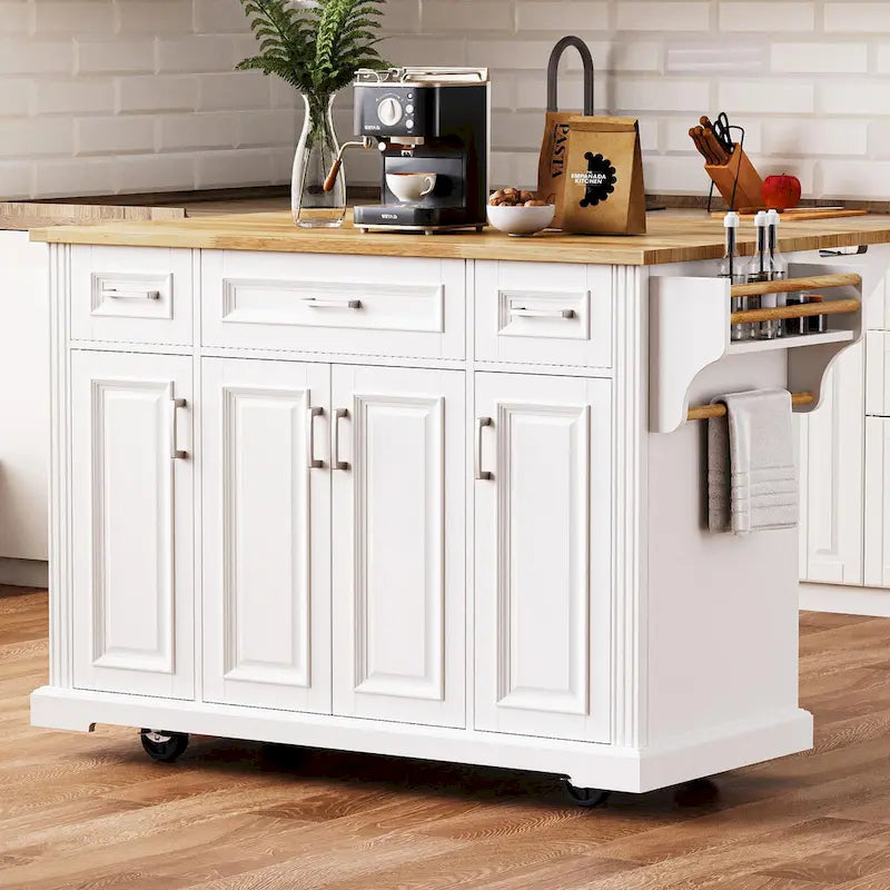 Large Rolling Kitchen Island with Drop Leaf and Storage, White