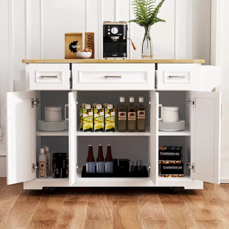 Large Rolling Kitchen Island with Drop Leaf and Storage, White