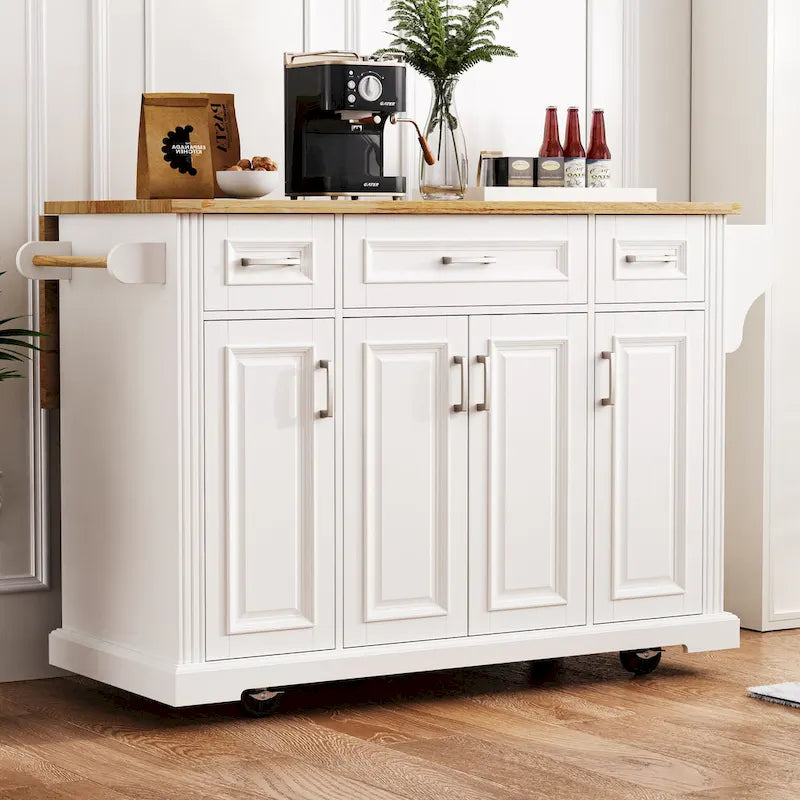 Large Rolling Kitchen Island with Drop Leaf and Storage, White