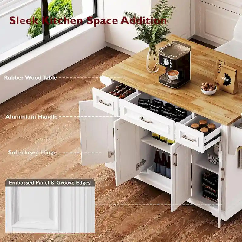 Large Rolling Kitchen Island with Drop Leaf and Storage, White