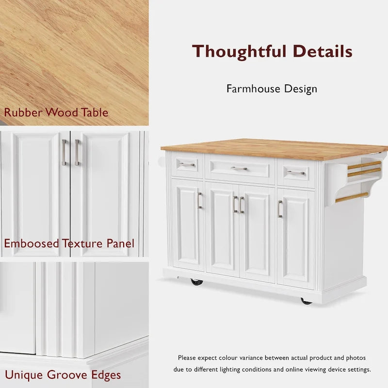 Large Rolling Kitchen Island with Drop Leaf and Storage, White