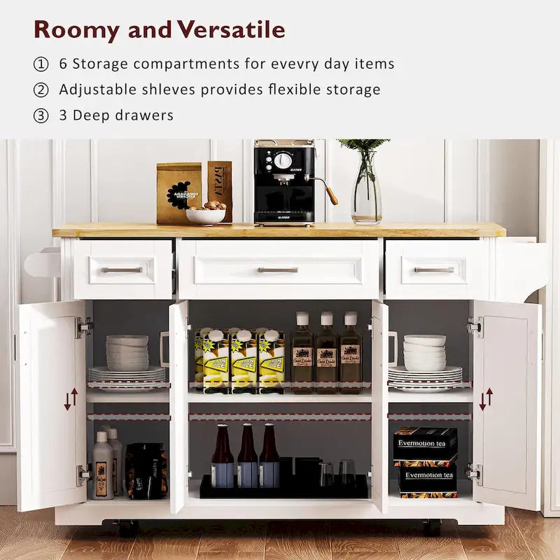 Large Rolling Kitchen Island with Drop Leaf and Storage, White