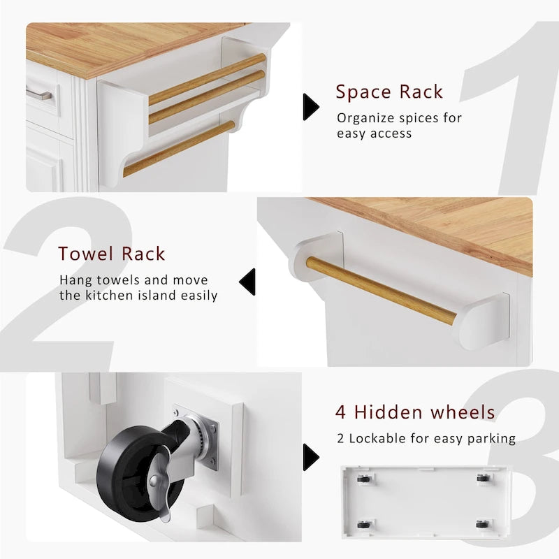 Large Rolling Kitchen Island with Drop Leaf and Storage, White