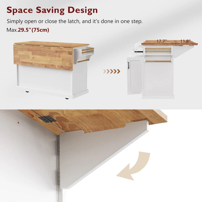 Large Rolling Kitchen Island with Drop Leaf and Storage, White