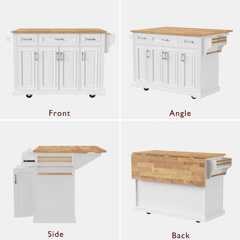 Large Rolling Kitchen Island with Drop Leaf and Storage, White