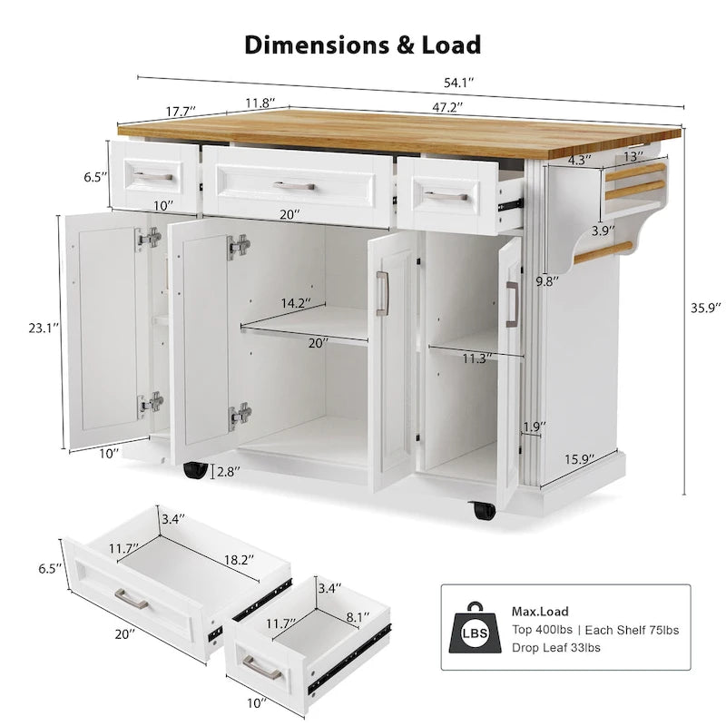 Large Rolling Kitchen Island with Drop Leaf and Storage, White
