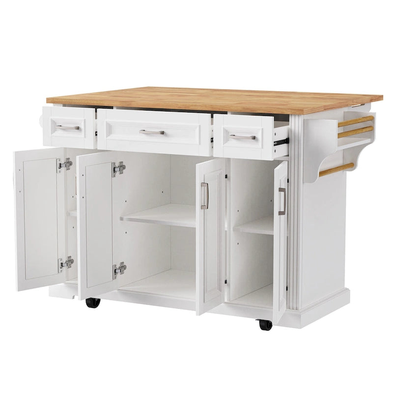 Large Rolling Kitchen Island with Drop Leaf and Storage, White