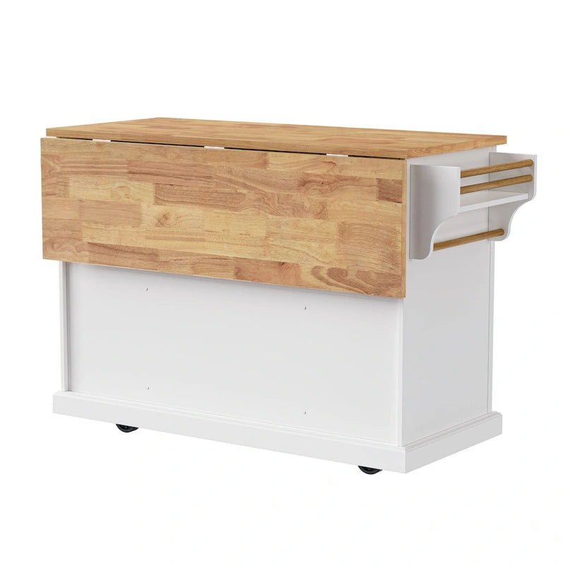 Large Rolling Kitchen Island with Drop Leaf and Storage, White
