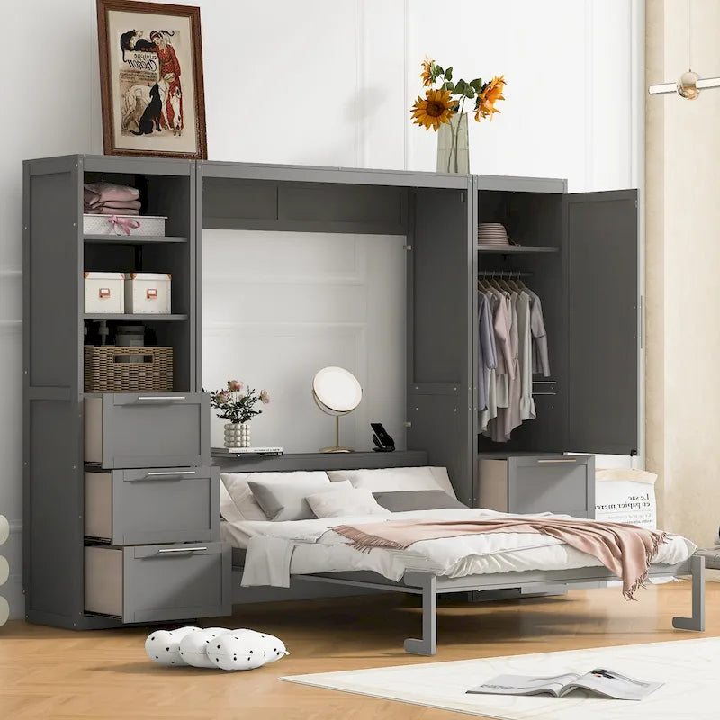 Queen Murphy Bed with Built-In Closet, Drawers and Storage Shelf