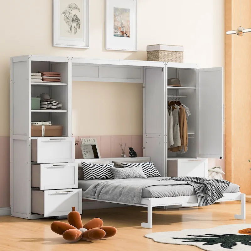 Queen Murphy Bed with Built-In Closet, Drawers and Storage Shelf
