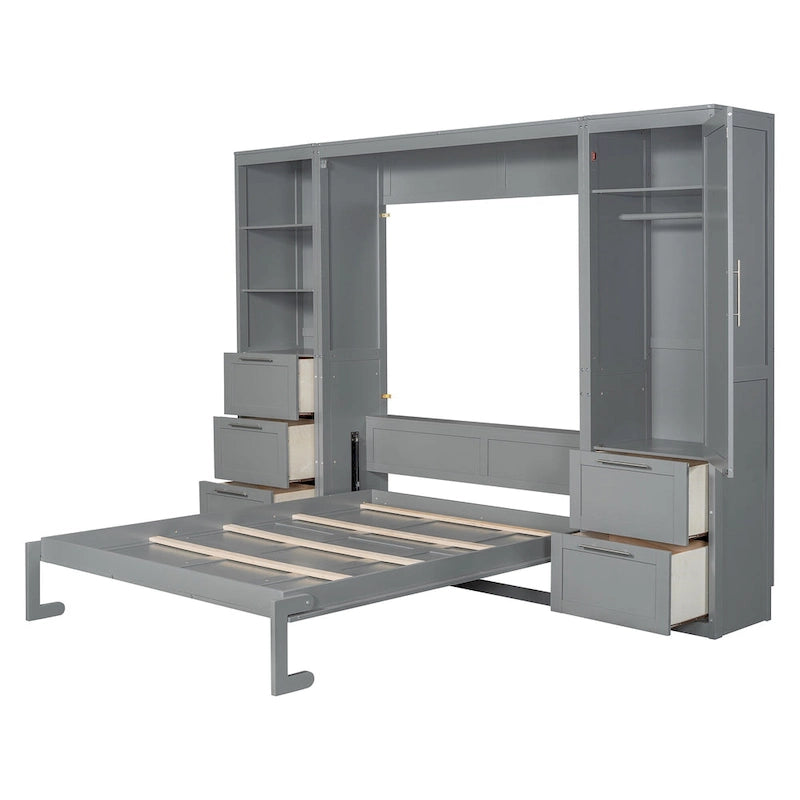 Queen Murphy Bed with Built-In Closet, Drawers and Storage Shelf