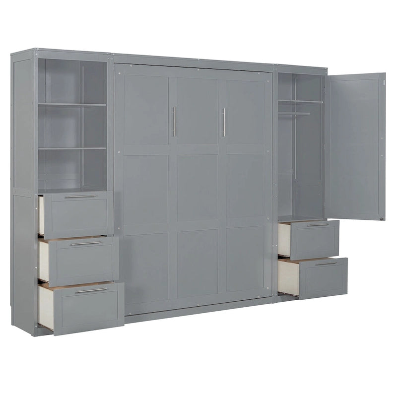 Queen Murphy Bed with Built-In Closet, Drawers and Storage Shelf