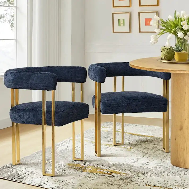 Chenille Upholstered Dining Chair with Gold Metal Frame, Set of 2