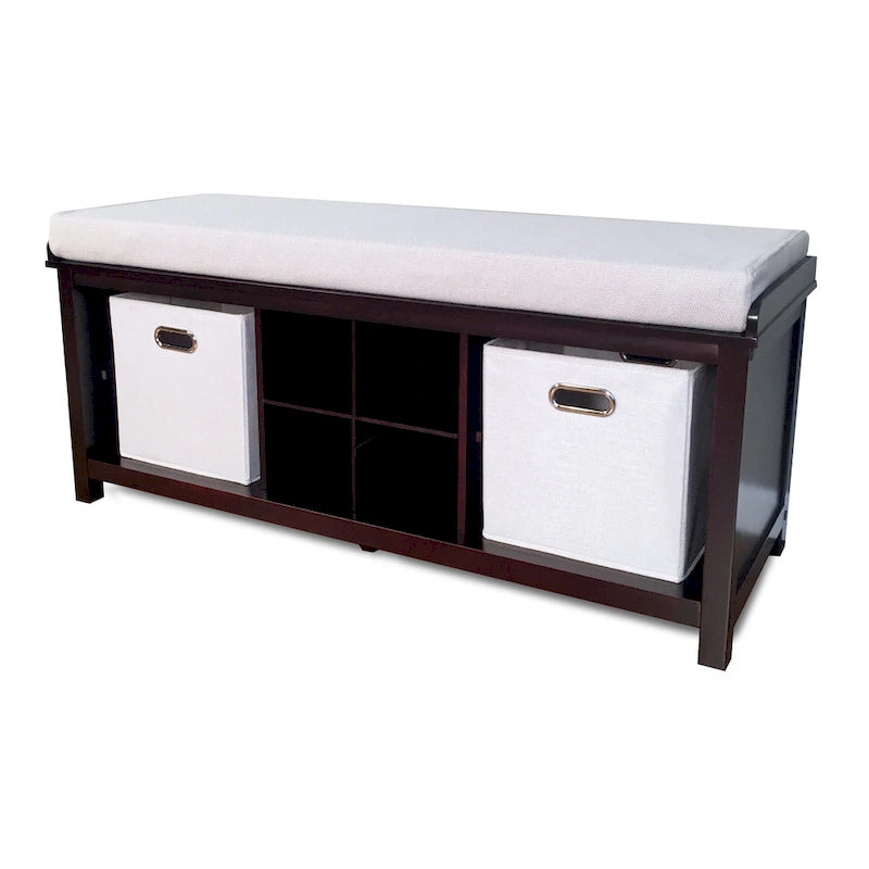 Solid Wood Entryway Bench with 4 Shoe Cubbies and Storage Bins, Espresso