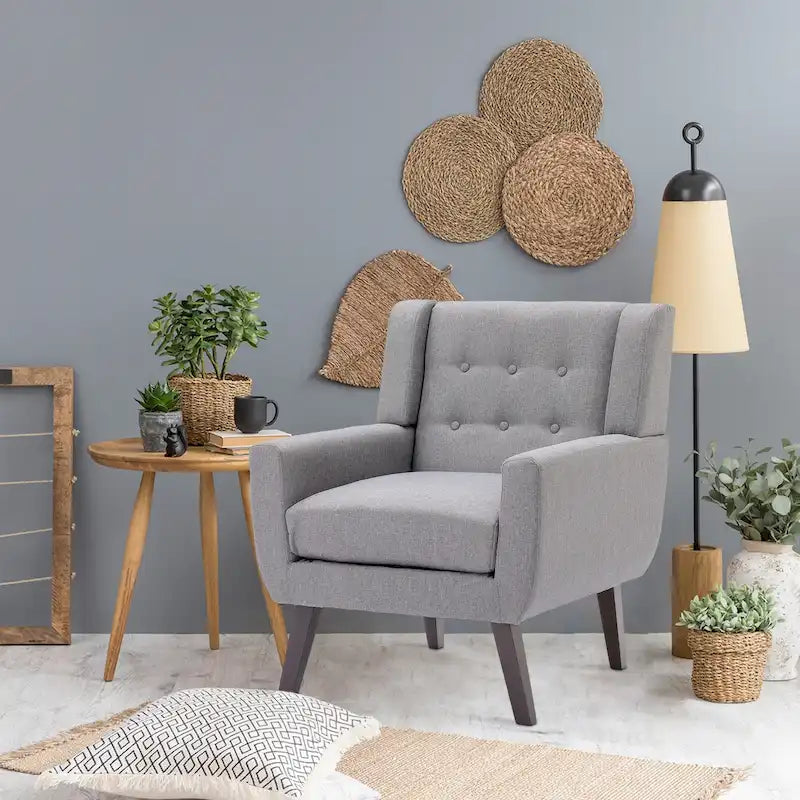 Linen Button Tufted Armchair with Solid Wood Legs, Grey or Blue