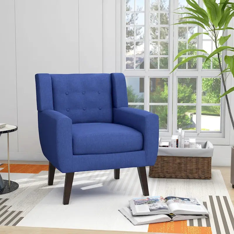 Linen Button Tufted Armchair with Solid Wood Legs, Grey or Blue