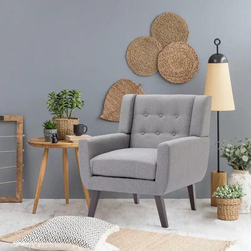 Linen Button Tufted Armchair with Solid Wood Legs, Grey or Blue